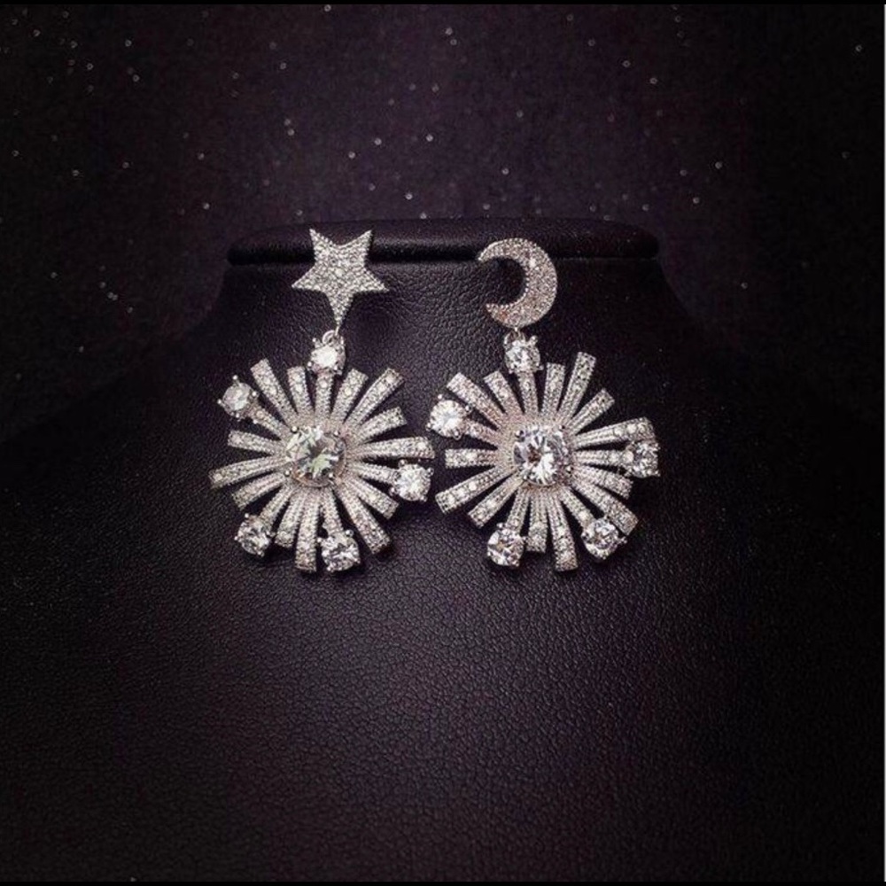 Clearance 925 Asymmetric Moon Star Earrings, Gift for her.